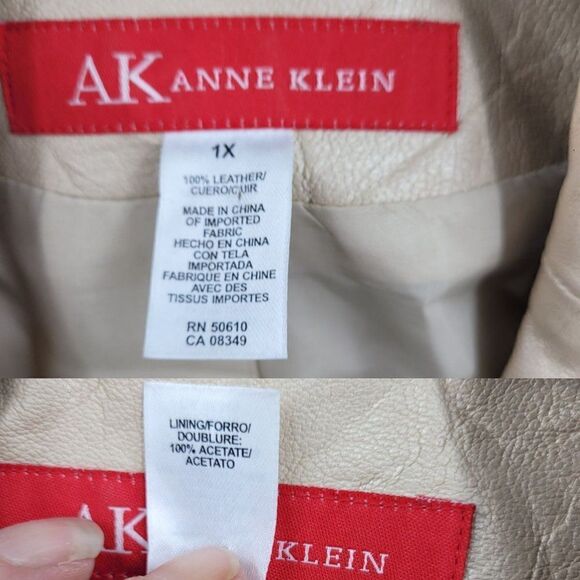 Vintage 90s Anne Klein Retro 70s Leather Jacket 1X Champaign Frayed Edges Button - Picture 3 of 14